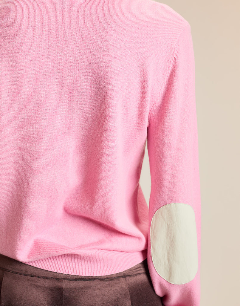 Crew Neck Sweater with Elbow Patches in Pink