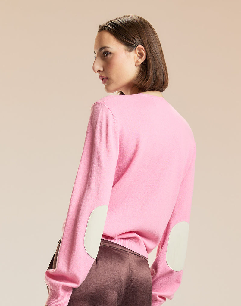Pink Crewneck Sweater with Elbow Patches 
