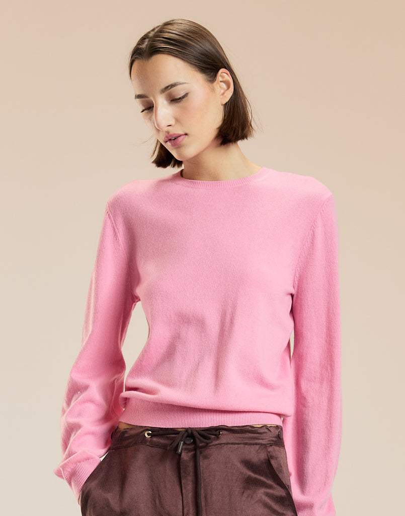 Crew Neck Sweater with Elbow Patches in Pink