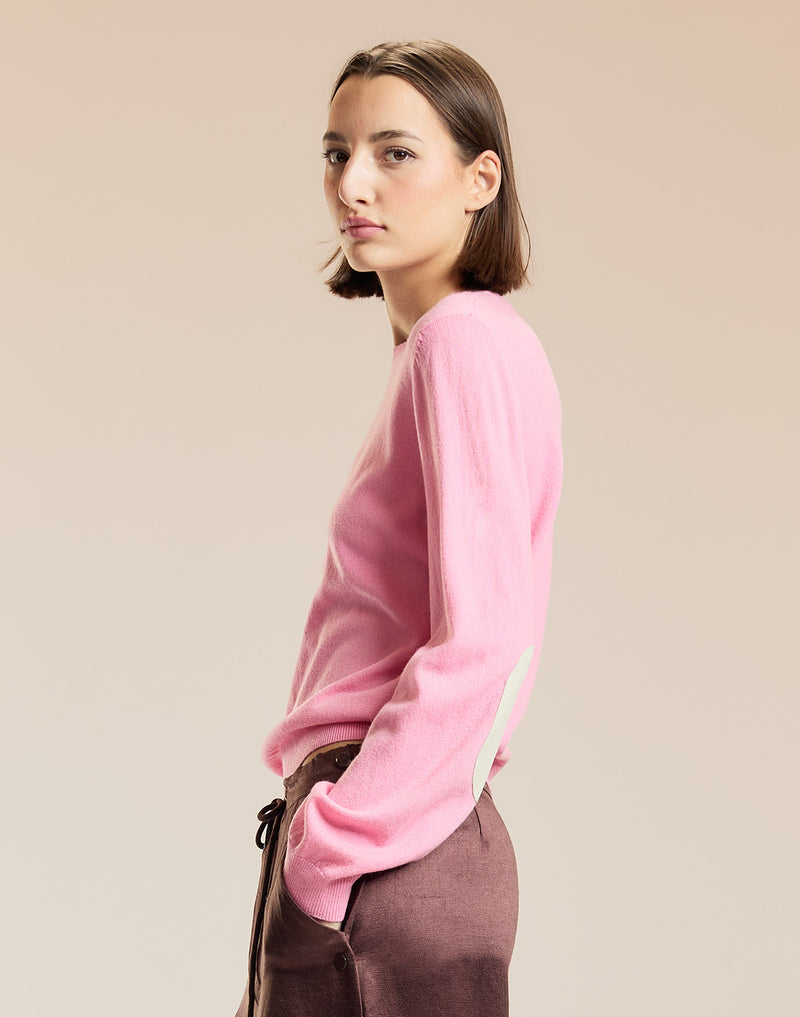 Pink Crewneck Sweater with Elbow Patches 
