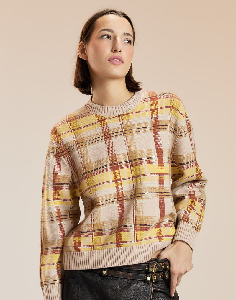 Camel Plaid Intarsia Sweater 