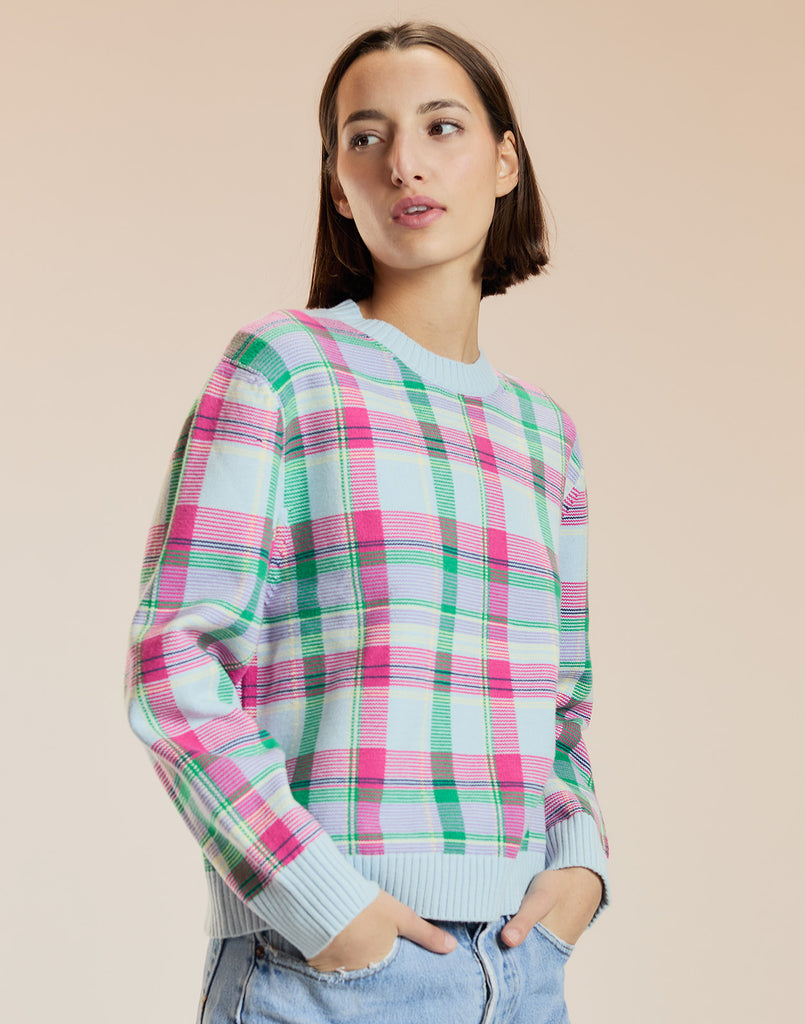 Intarsia Plaid Sweater in Blue Plaid 