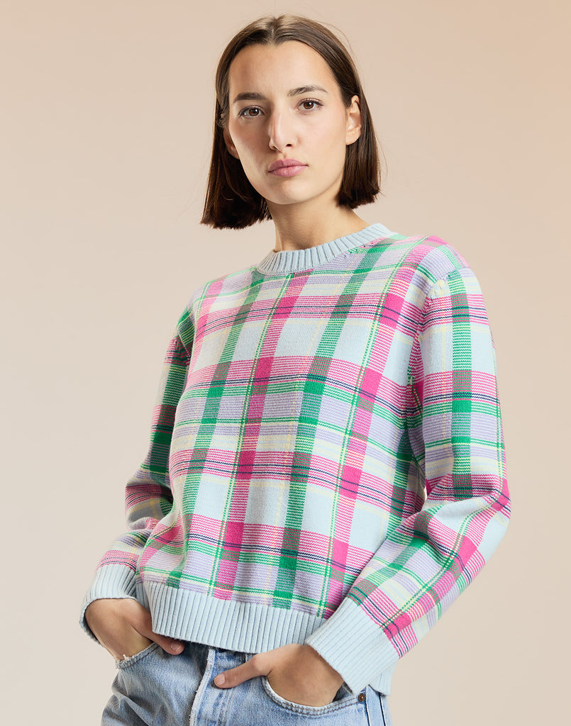 Intarsia Plaid Sweater in Blue Plaid 