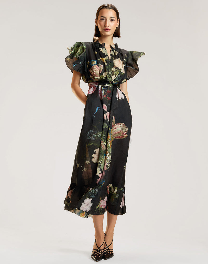 Black Floral Ruffle Kaftan