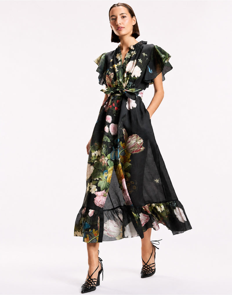 Black Floral Ruffle Kaftan