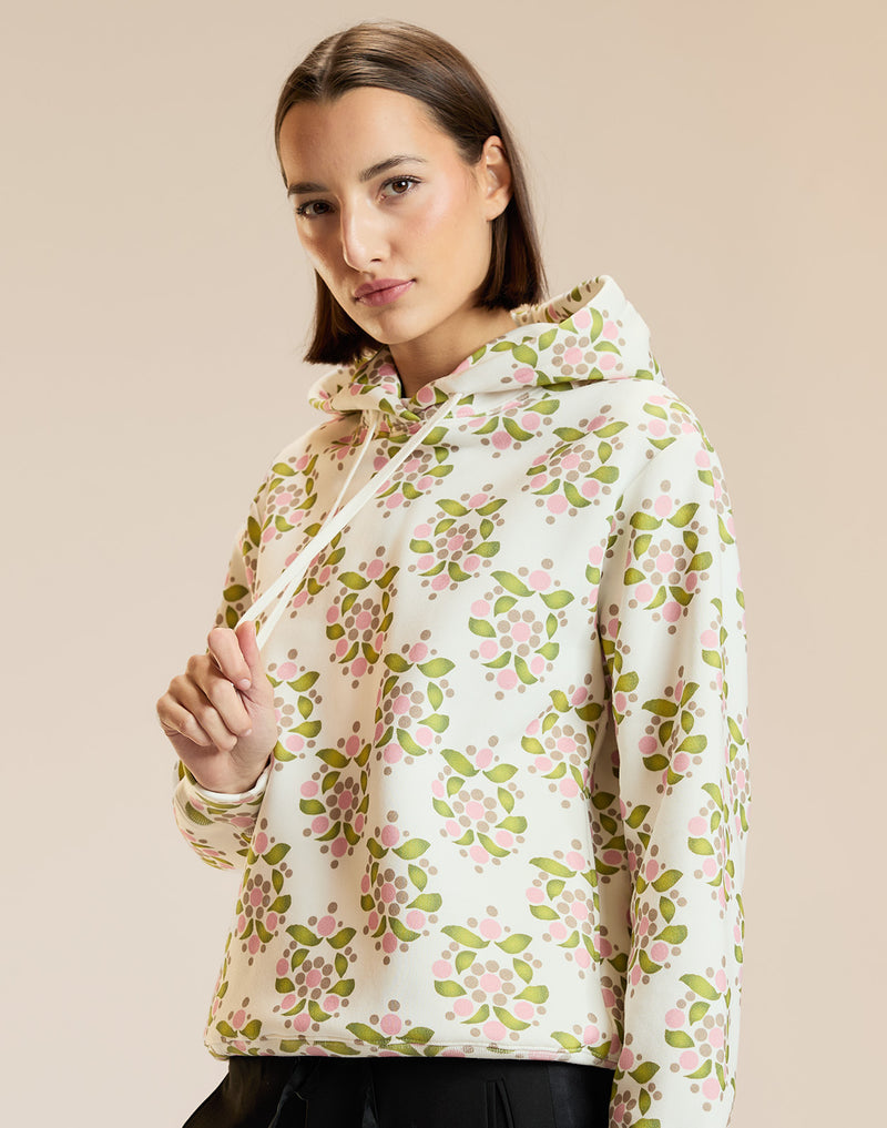 White Floral Printed Hoodie  