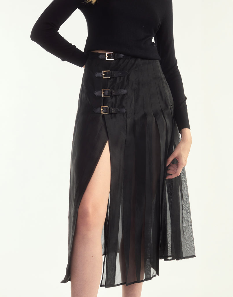 Pleated Buckle Silk Organza Skirt