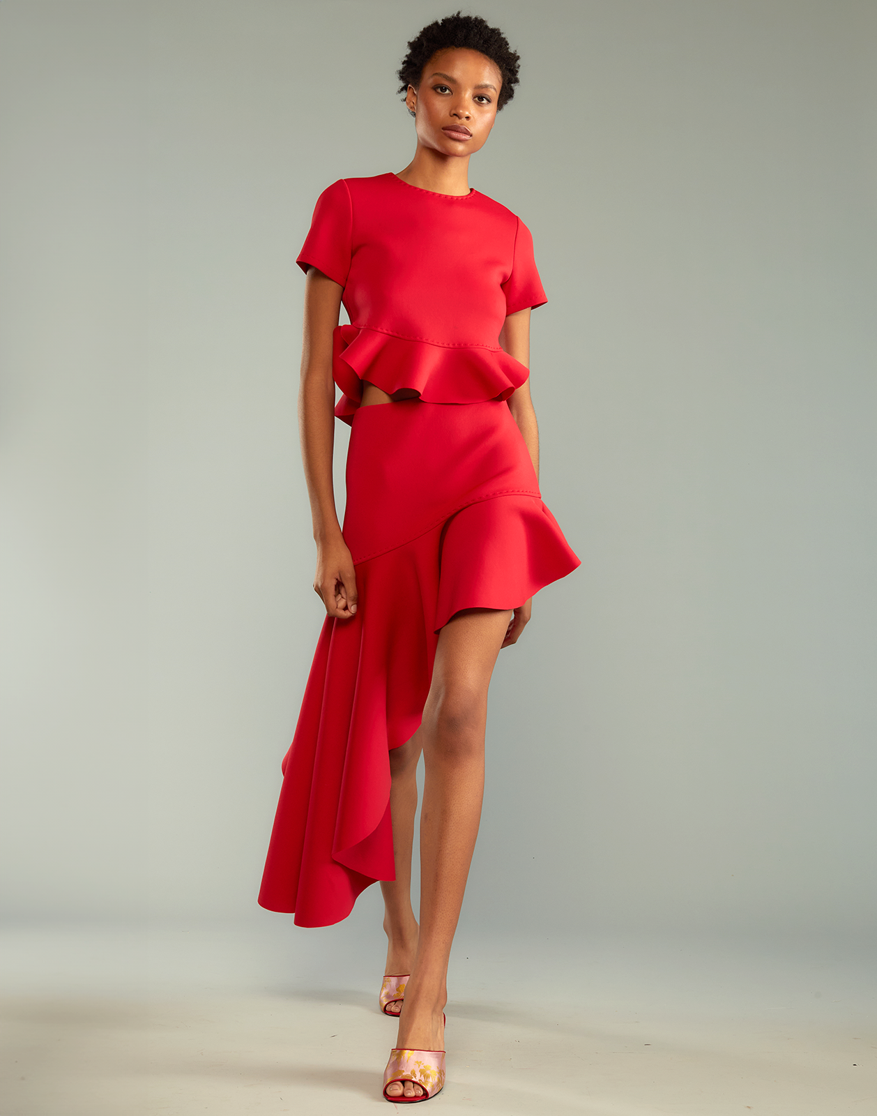 Asymmetrical top red skirt
