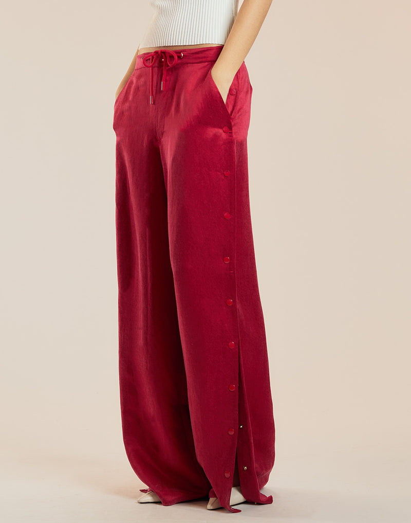 Red Silk Wide Leg Snaps Pants 