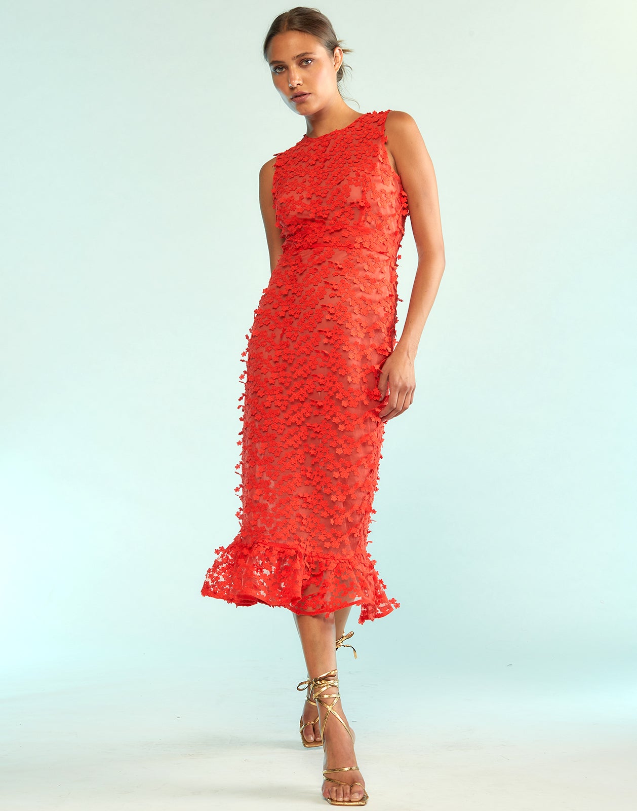 Off-the-shoulder sheath dress in embroidered tulle