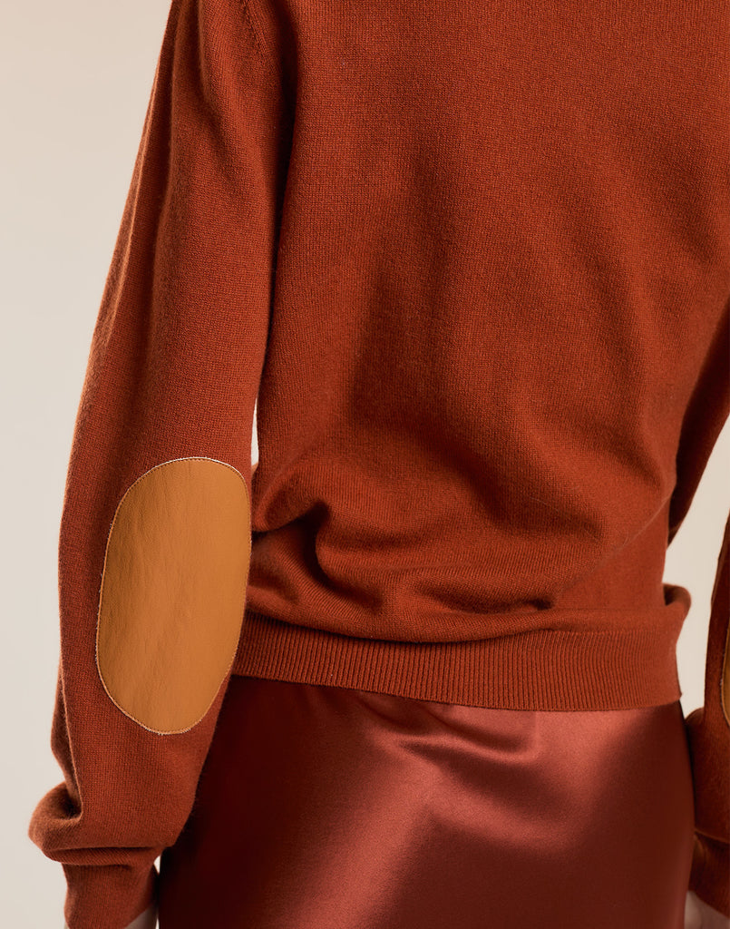 Crew Neck Sweater with Elbow Patches in Gingerbread