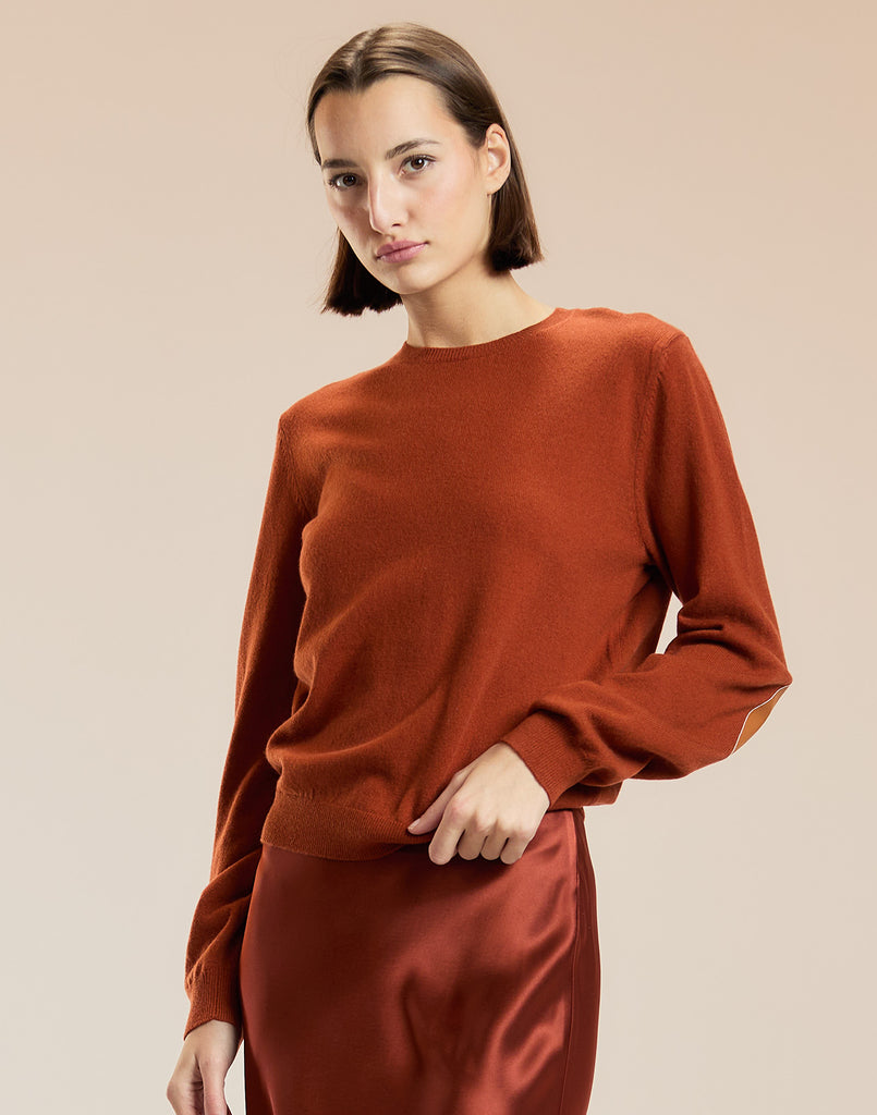 Crew Neck Sweater with Elbow Patches in Gingerbread