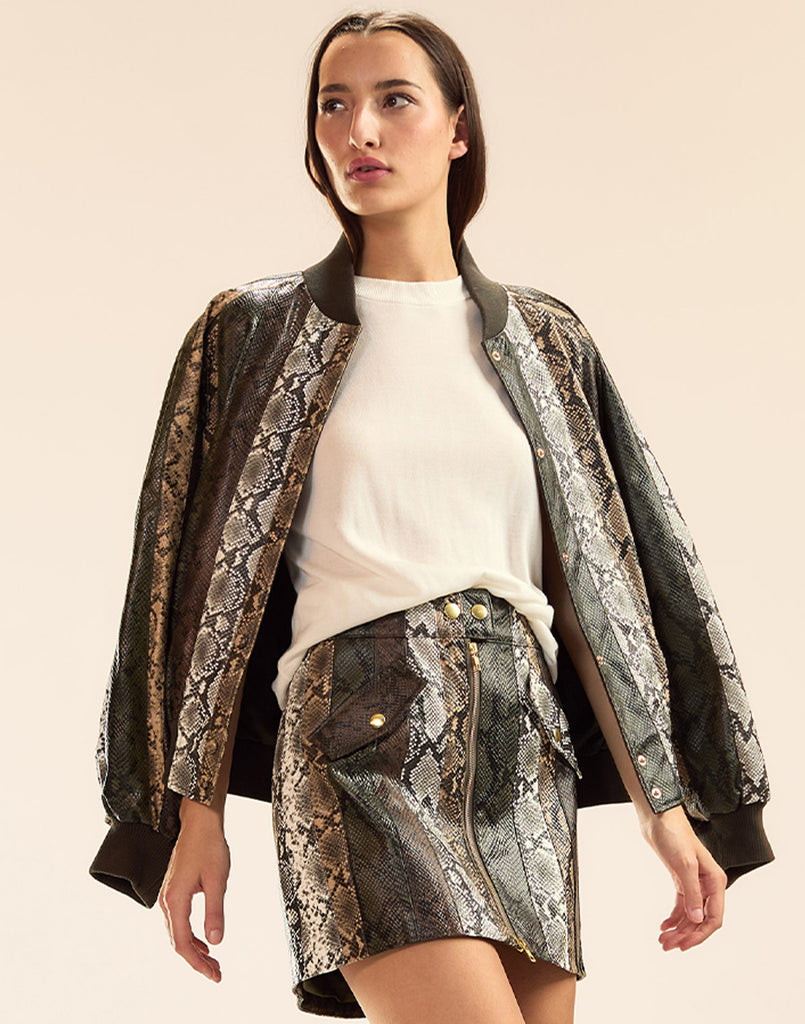 Cynthia Rowley Snake-Embossed Vegan Leather Bomber Jacket