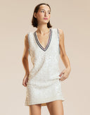 White Multi Sequin V-Neck Mini Knit Dress 