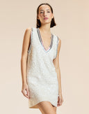 White Multi Sequin V-Neck Mini Knit Dress 