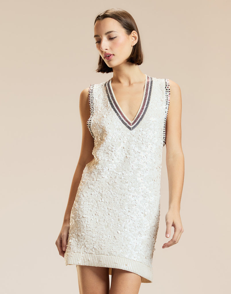 Sequin V-Neck Mini Knit Dress in White Multi