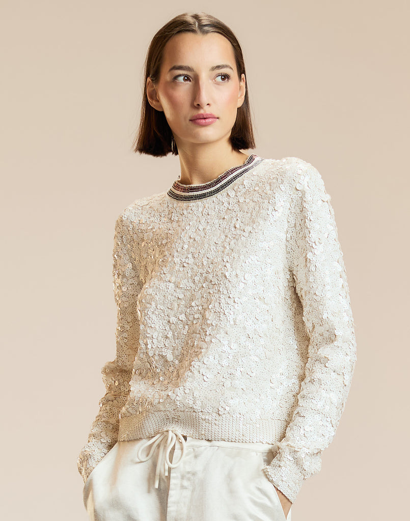 Sequin Crewneck Sweater in White
