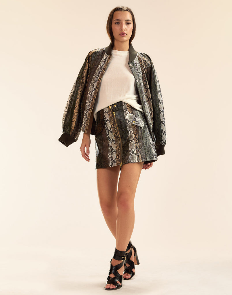 Snake-Embossed Vegan Leather Bomber Jacket