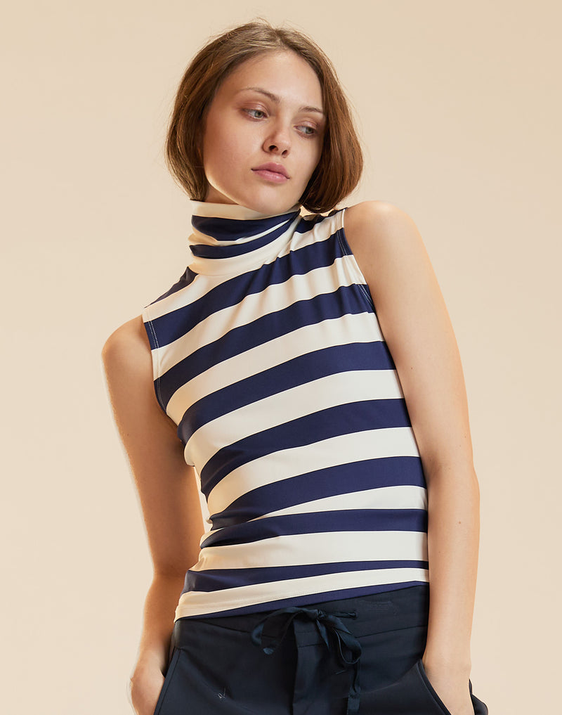 Navy and White Striped Sleeveless Fitted Turtleneck