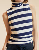 Navy and White Striped Sleeveless Fitted Turtleneck