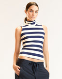 Navy Striped Fitted Sleeveless Turtleneck 