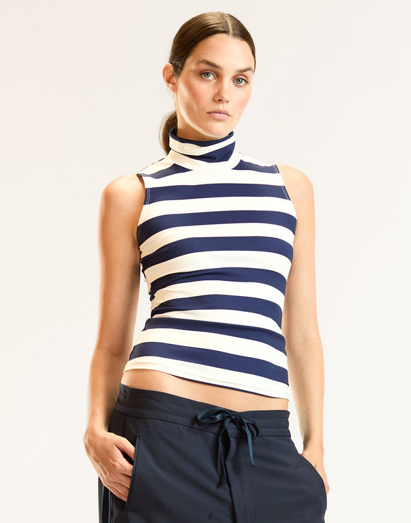 Navy Striped Fitted Sleeveless Turtleneck 