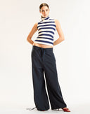 Navy Striped Fitted Sleeveless Turtleneck 