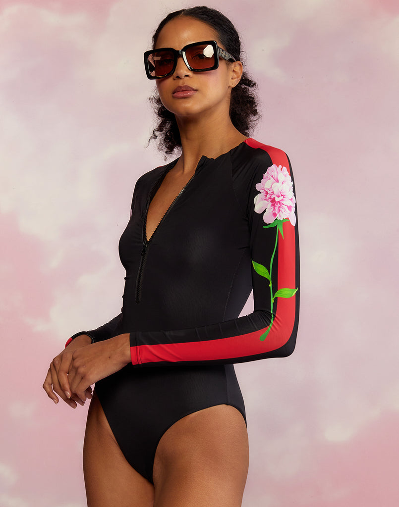 Pissente Women Zip Front Surfing Suit Striped Floral Print Color