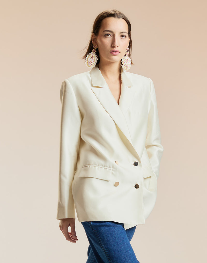 White Silk Wool Double Breasted Blazer 
