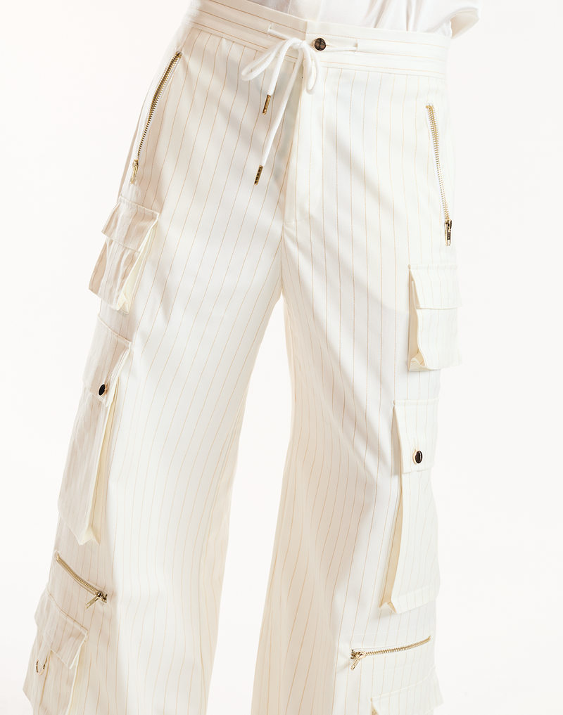 METALLIC PINSTRIPE CARGO PANTS