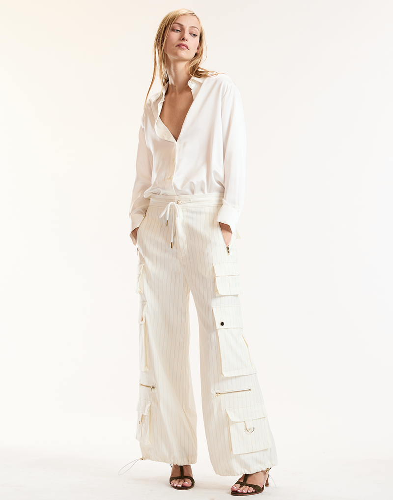 METALLIC PINSTRIPE CARGO PANTS