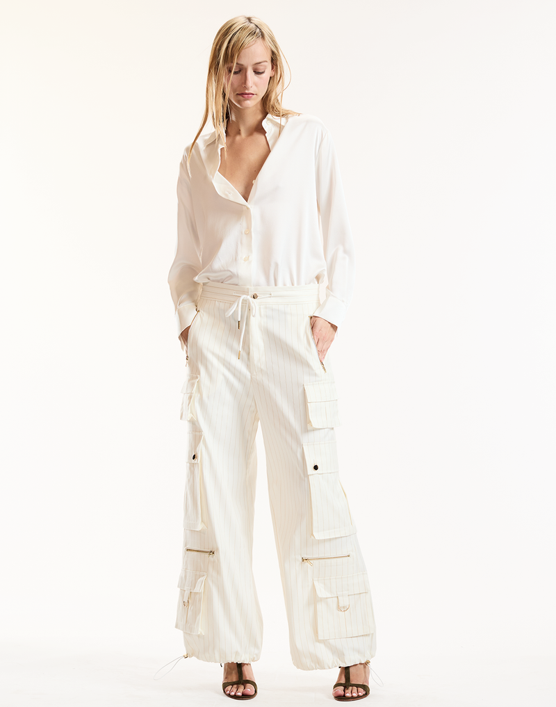 METALLIC PINSTRIPE CARGO PANTS