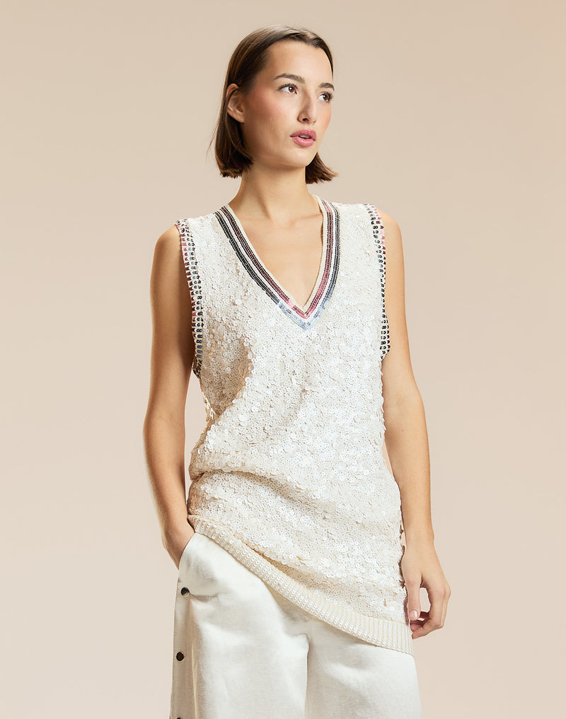 White Multi Sequin V-Neck Mini Knit Dress 
