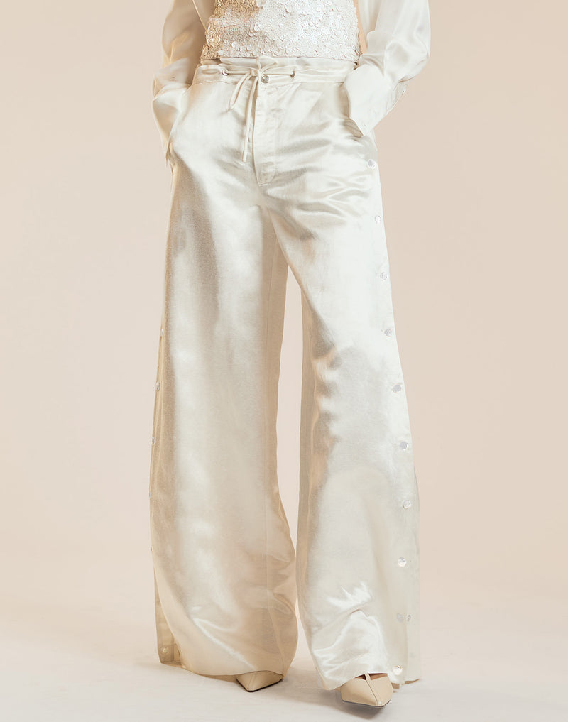 White Silk Wide Leg Snaps Pants 