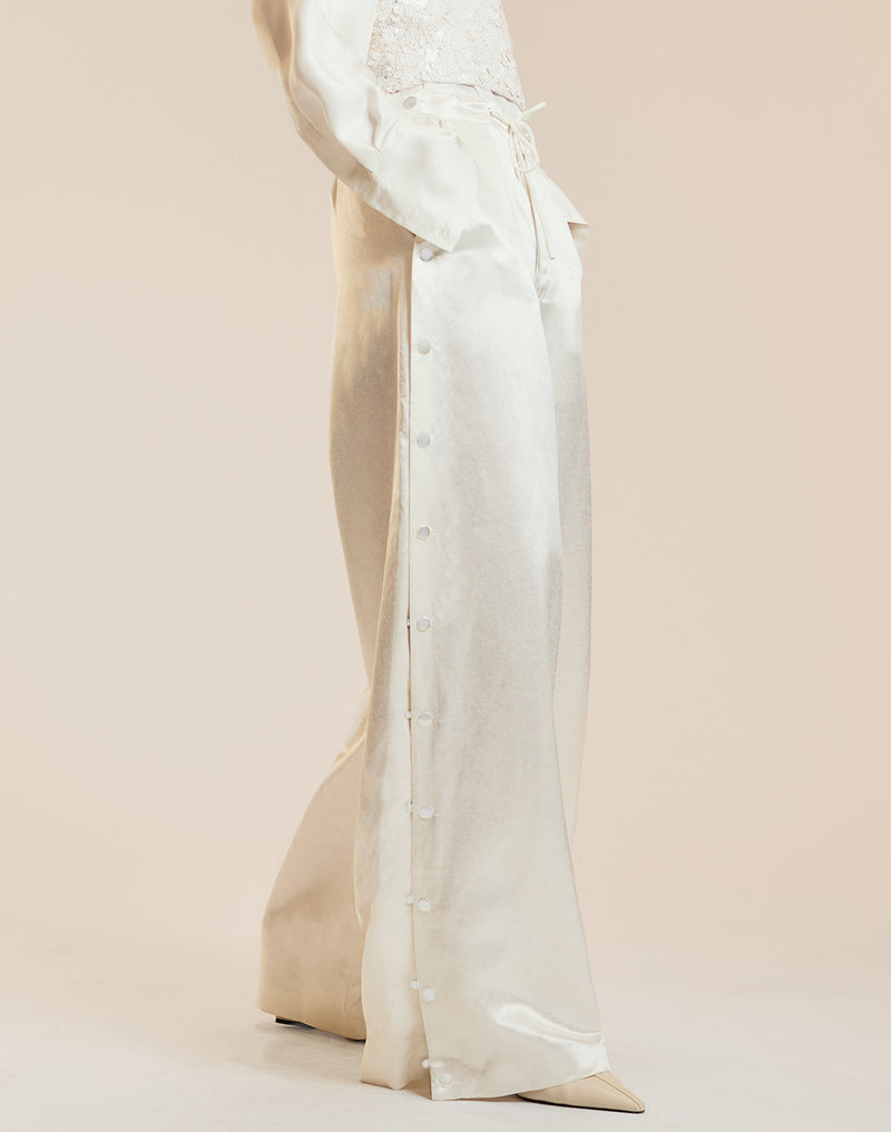 White Silk Wide Leg Snaps Pants 