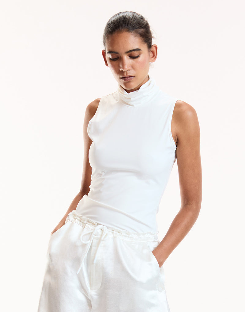 White Sleeveless Fitted Turtleneck 