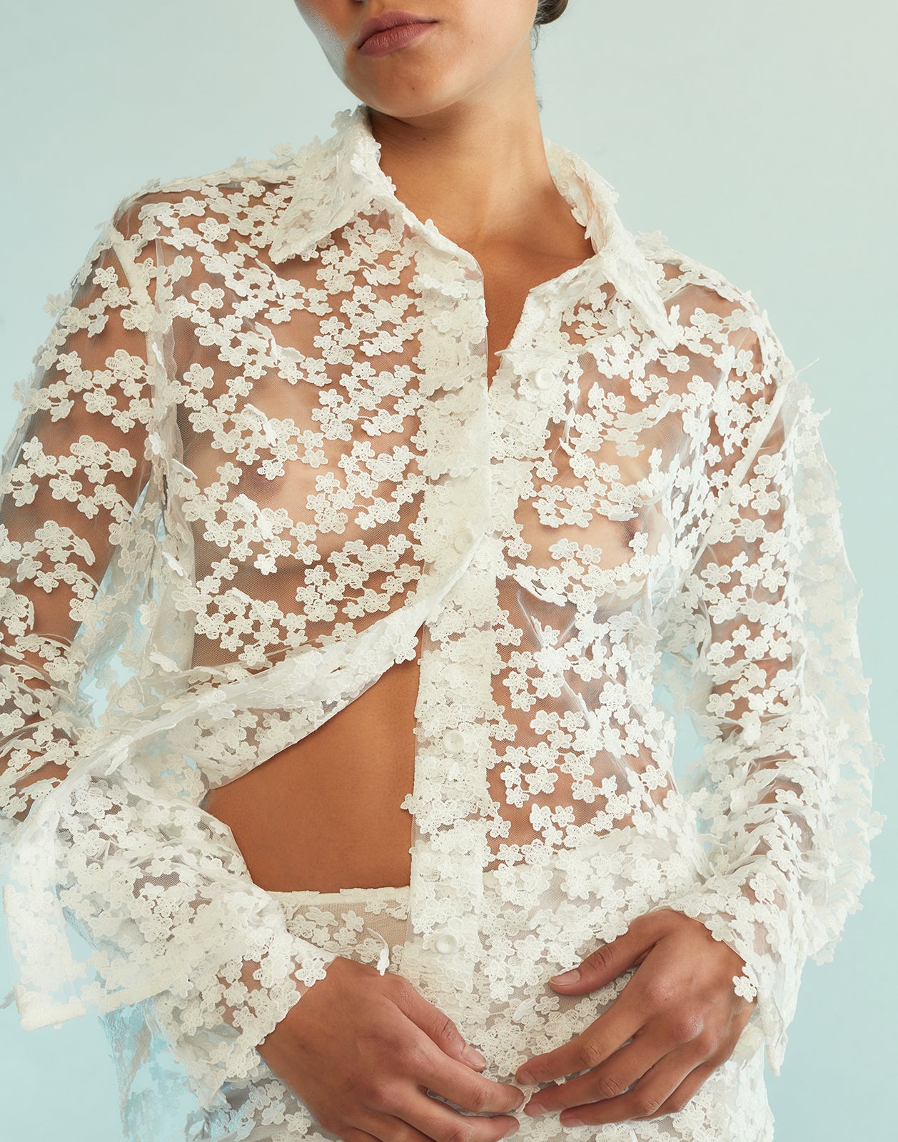 3D Embroidered Tulle Button Down Shirt