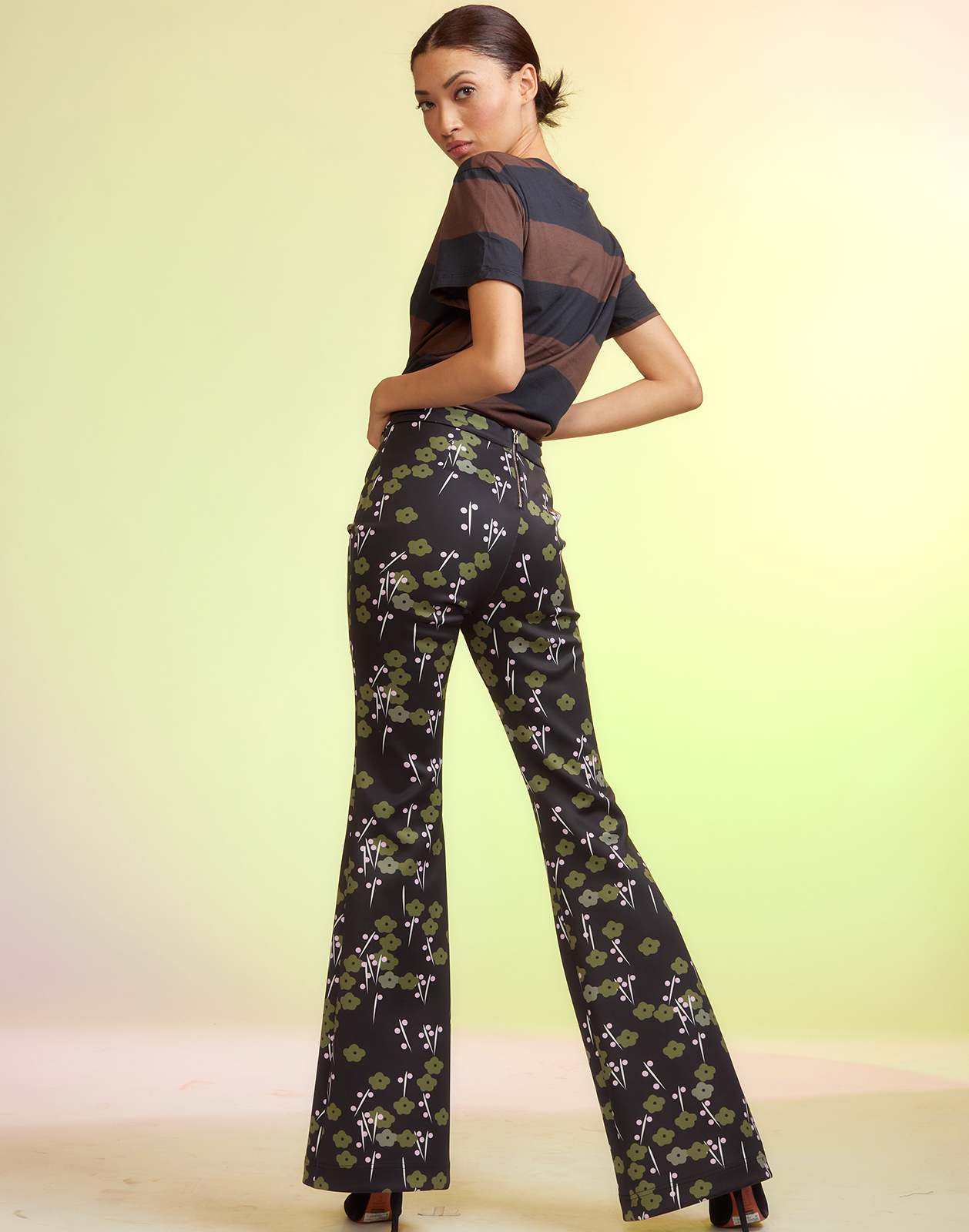 Black Floral Print Jersey Flared Trouser