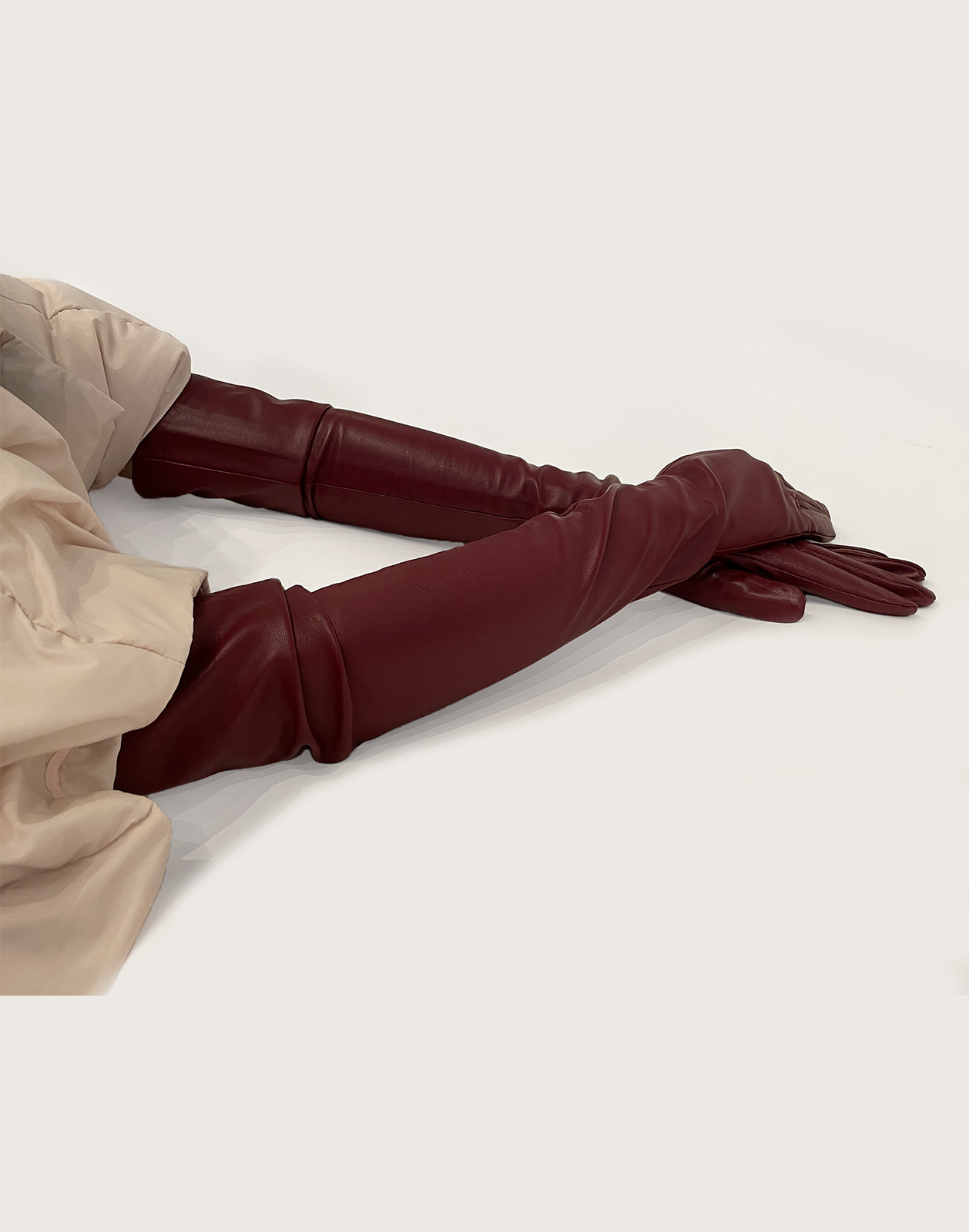 Long burgundy leather deals gloves